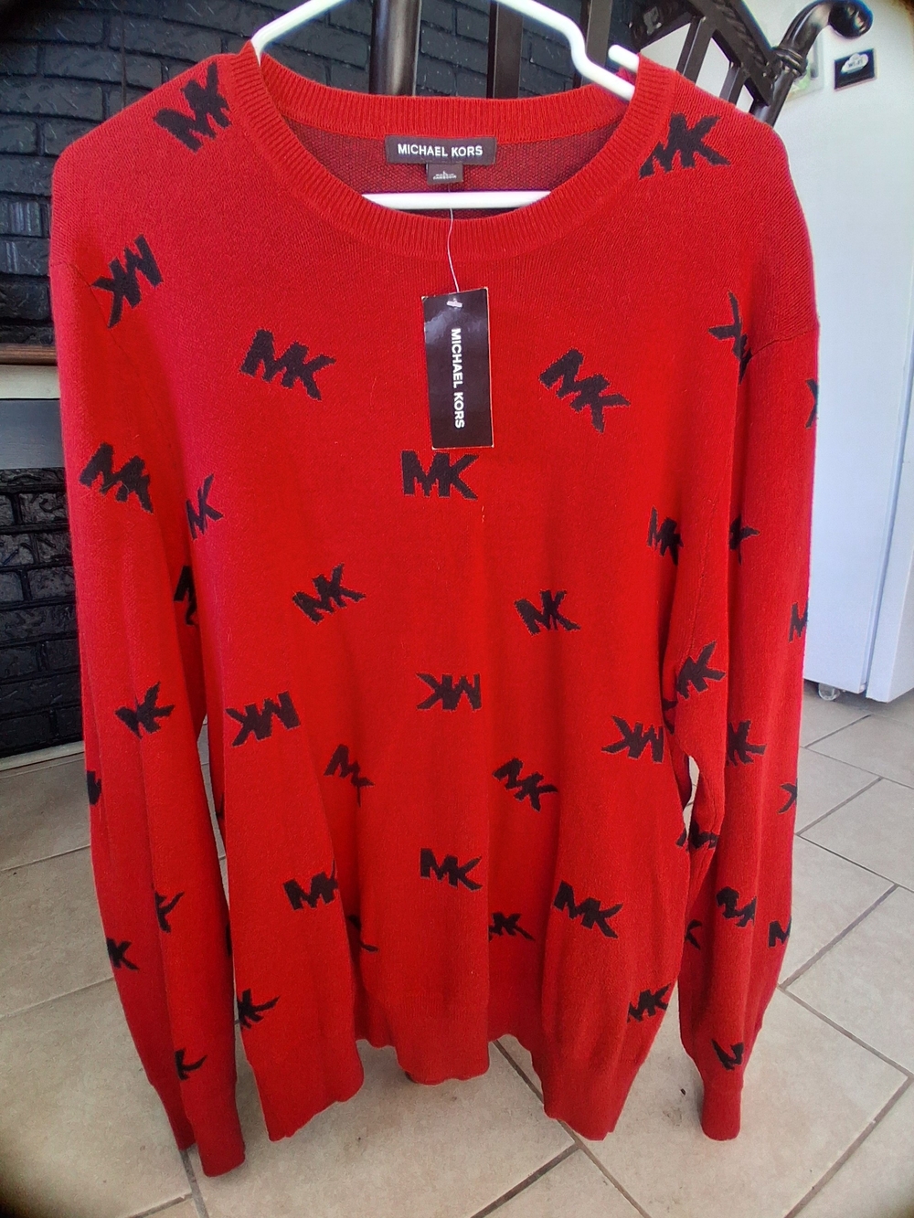 Michael Kors Mens Sz L Red & Black Logo Pattern Crewneck Knit Sweater NWT